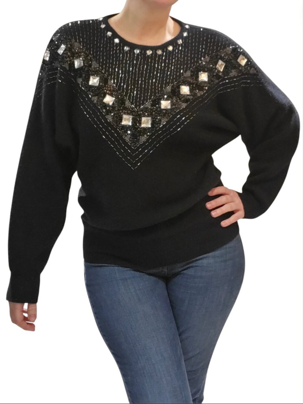 Priscilla Vintage 80s Lambswool Angora Hand-Beaded Rhinestone Sweater M Retro
